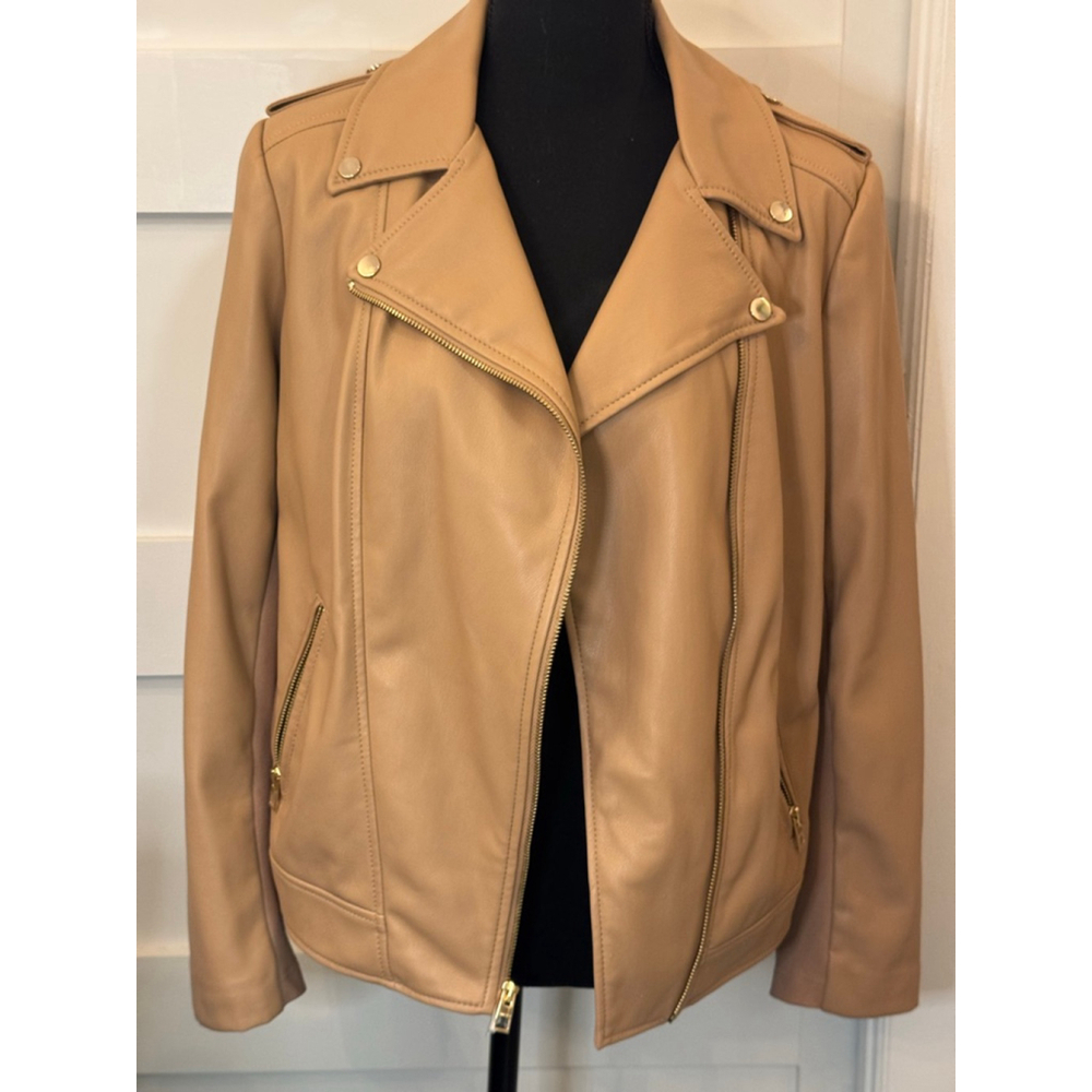 Chico’s Faux Leather Moto Jacket Womens 1 US 8/10 Tan Fabric Panel Stretch